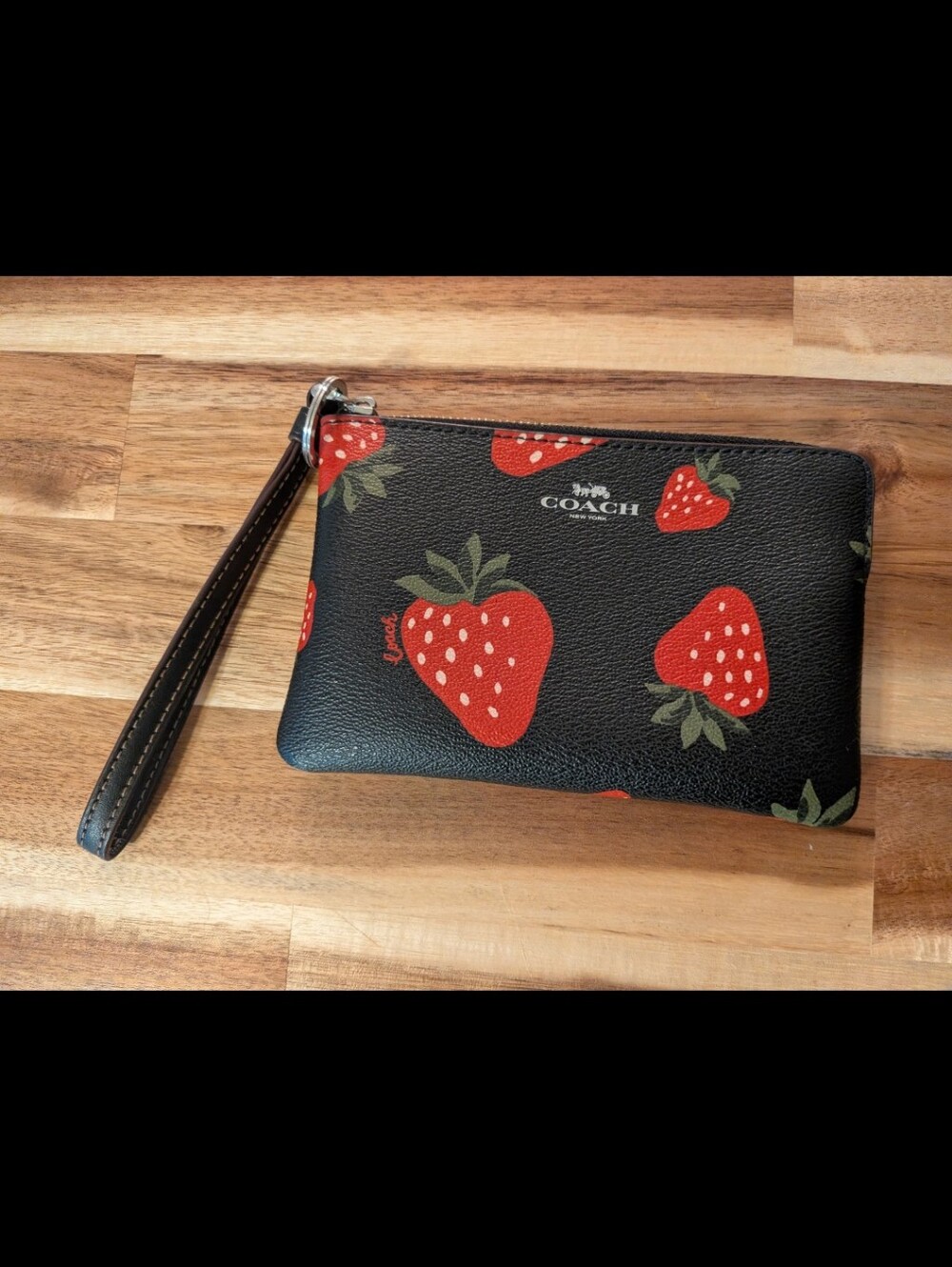 Coach Black Wristlet with Red Strawberry Print